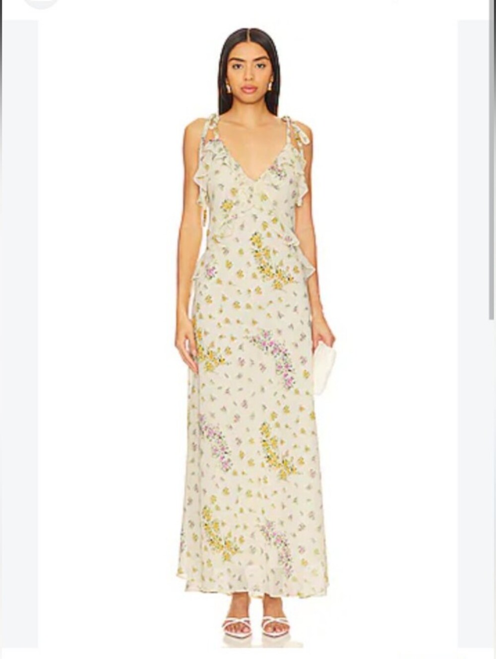 Steve Madden Cream Floral Ruffle Tie-Shoulder Maxi Dress